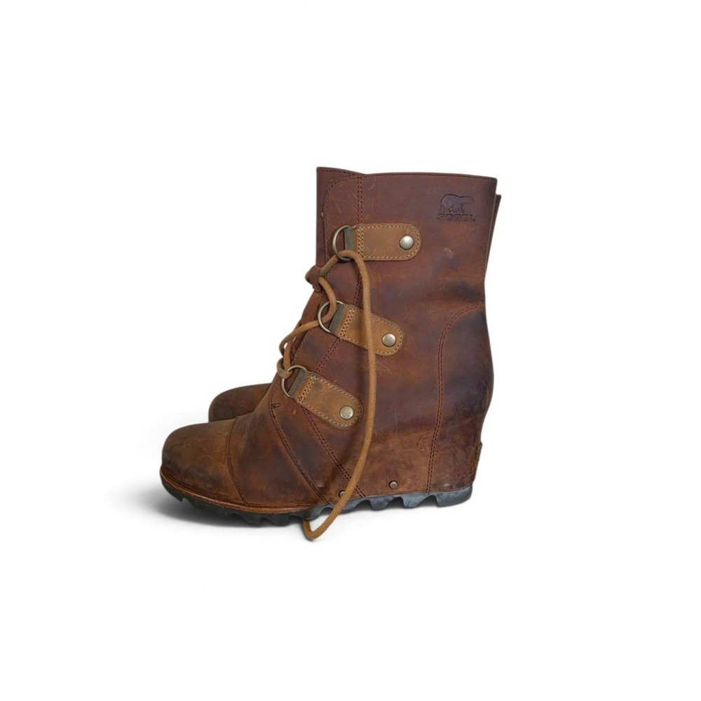 Sorel Joan of Arctic Y2K Boho Brown Leather Burnished Hidden Wedge Boots sz 8.5